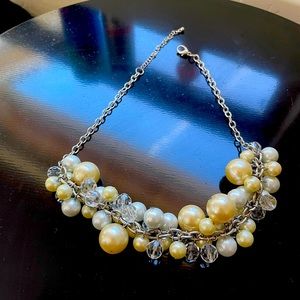 Statement necklace. White pearls beige pearls crystals.  Silver.